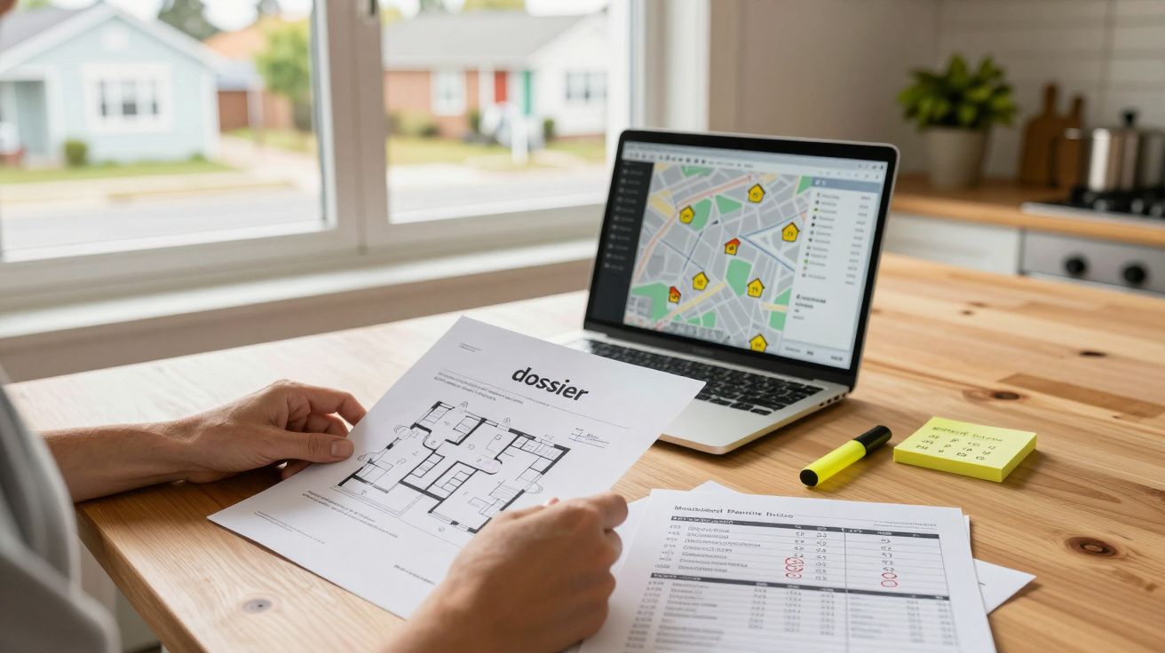 Pessoa a analisar planta de casa com computador ao fundo a mostrar mapa de localização de imóveis numa mesa de madeira.
