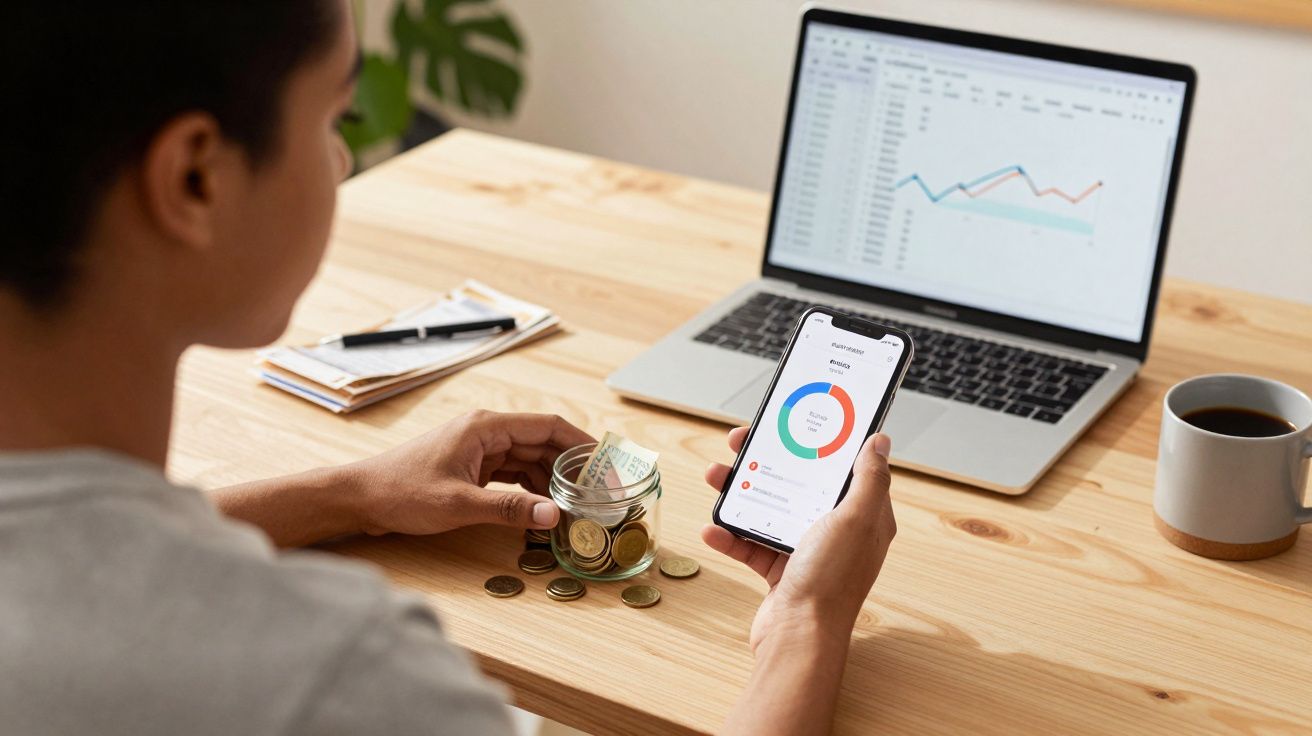 Pessoa a gerir finanças com moedas e notas em frasco, smartphone com gráfico e computador portátil à frente.