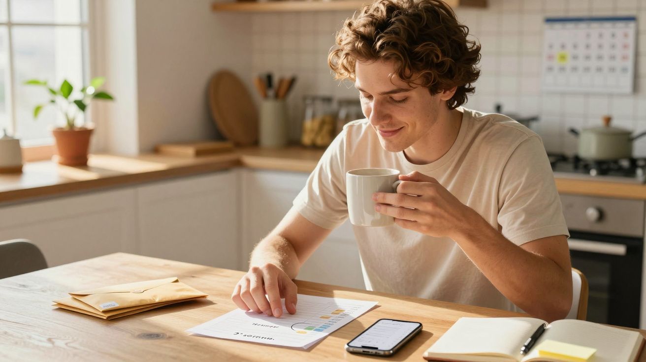 Jovem sentado à mesa na cozinha a analisar documentos, com telemóvel, caderno e a beber uma chávena de café.