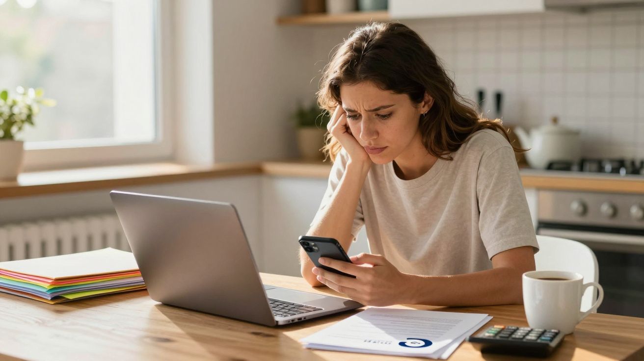 Mulher preocupada a olhar para o telemóvel enquanto trabalha num computador portátil na cozinha moderna.