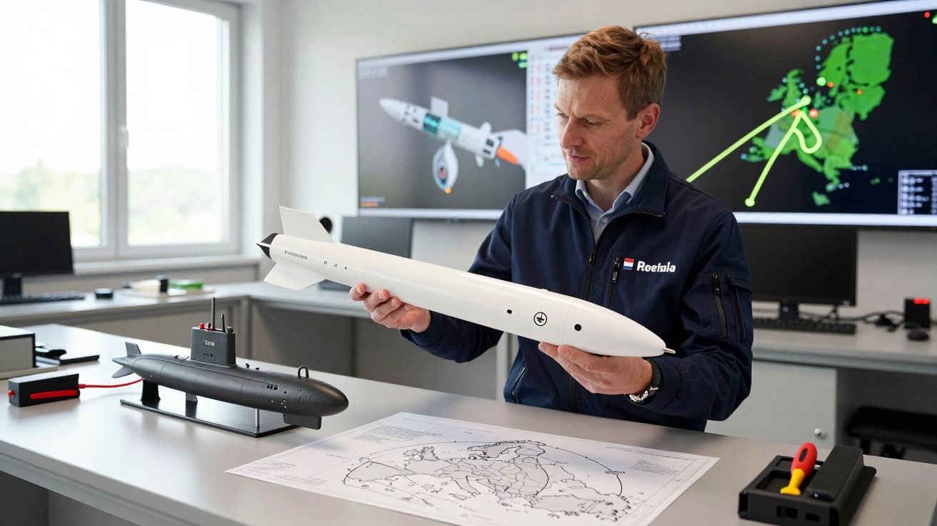 Homem examina modelo de míssil em escritório com mapas, maquete de submarino e ecrãs digitais ao fundo.