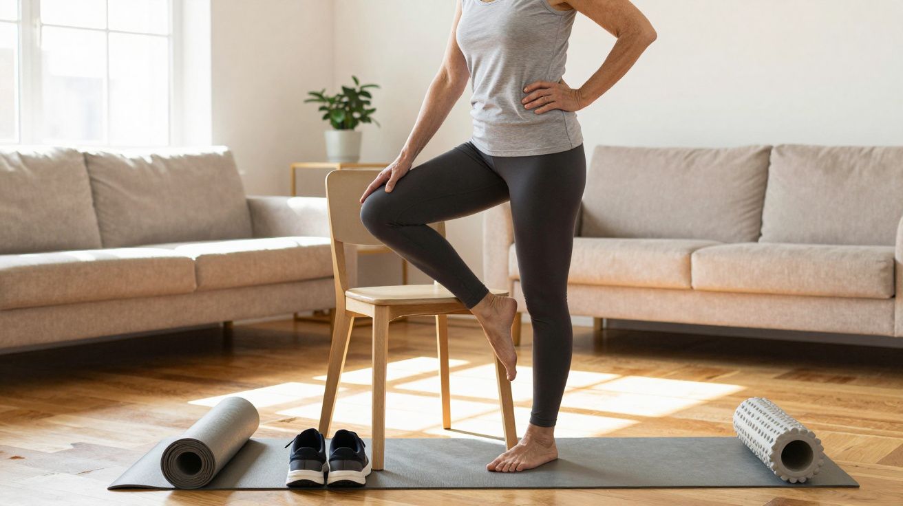 Pessoa a fazer alongamento em casa, usando roupa desportiva, com tapete, ténis e rolo de massagem no chão.