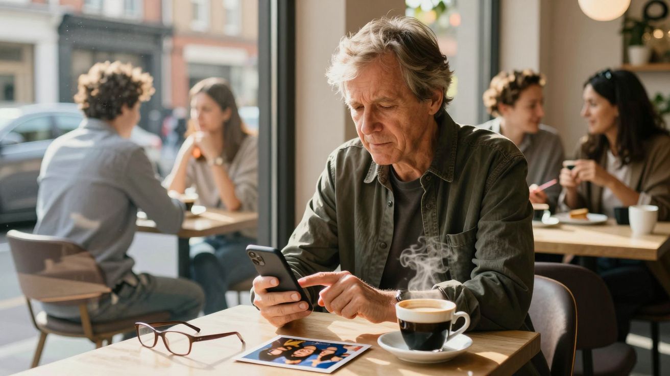 Homem de meia-idade a usar telemóvel num café, com uma chávena de café e óculos na mesa.