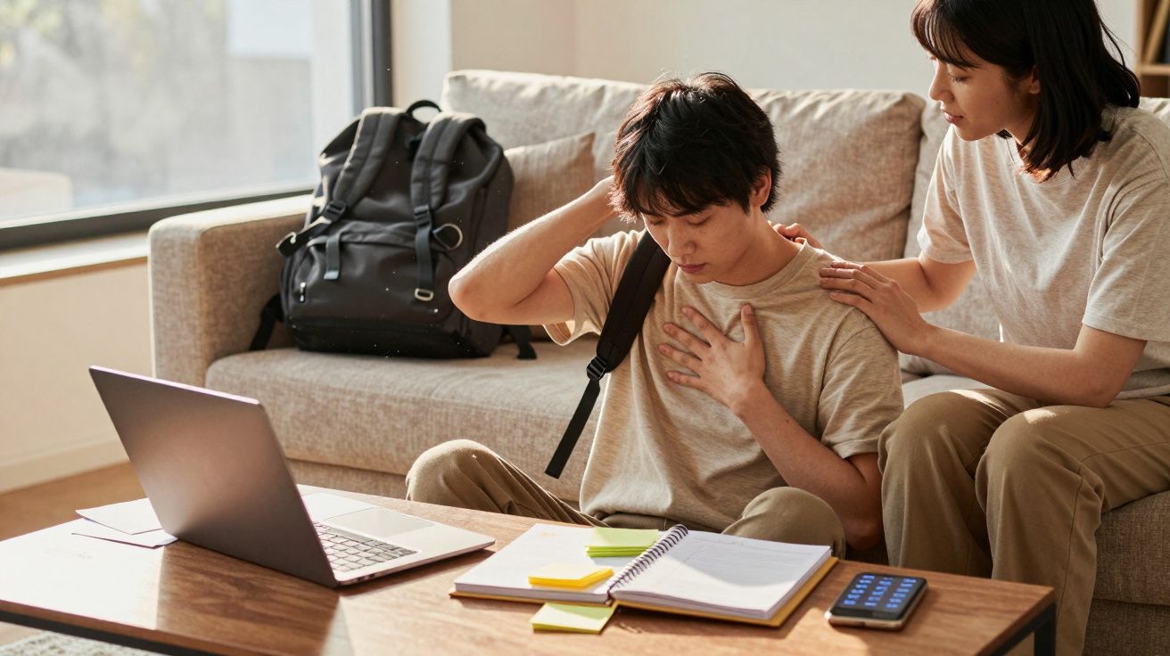 Jovem sentado no chão com expressão de desconforto no peito e amiga a confortá-lo no sofá atrás.