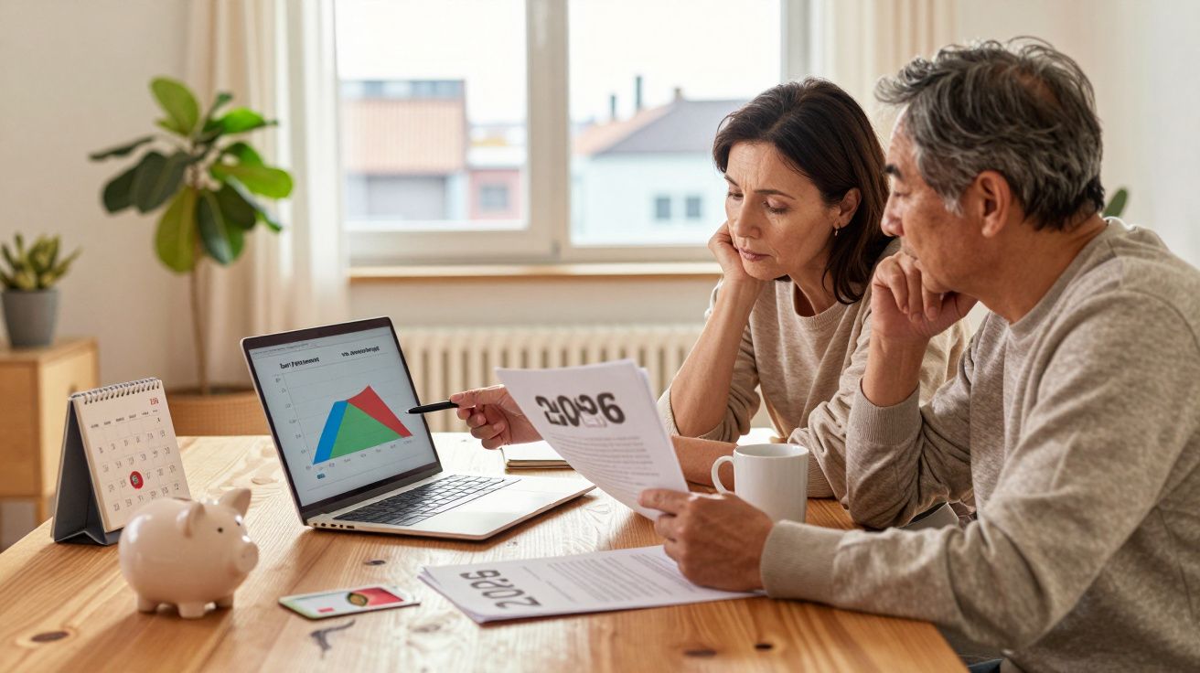 Casal adulto analisa gráficos de finanças no computador e documentos numa mesa de madeira em casa.