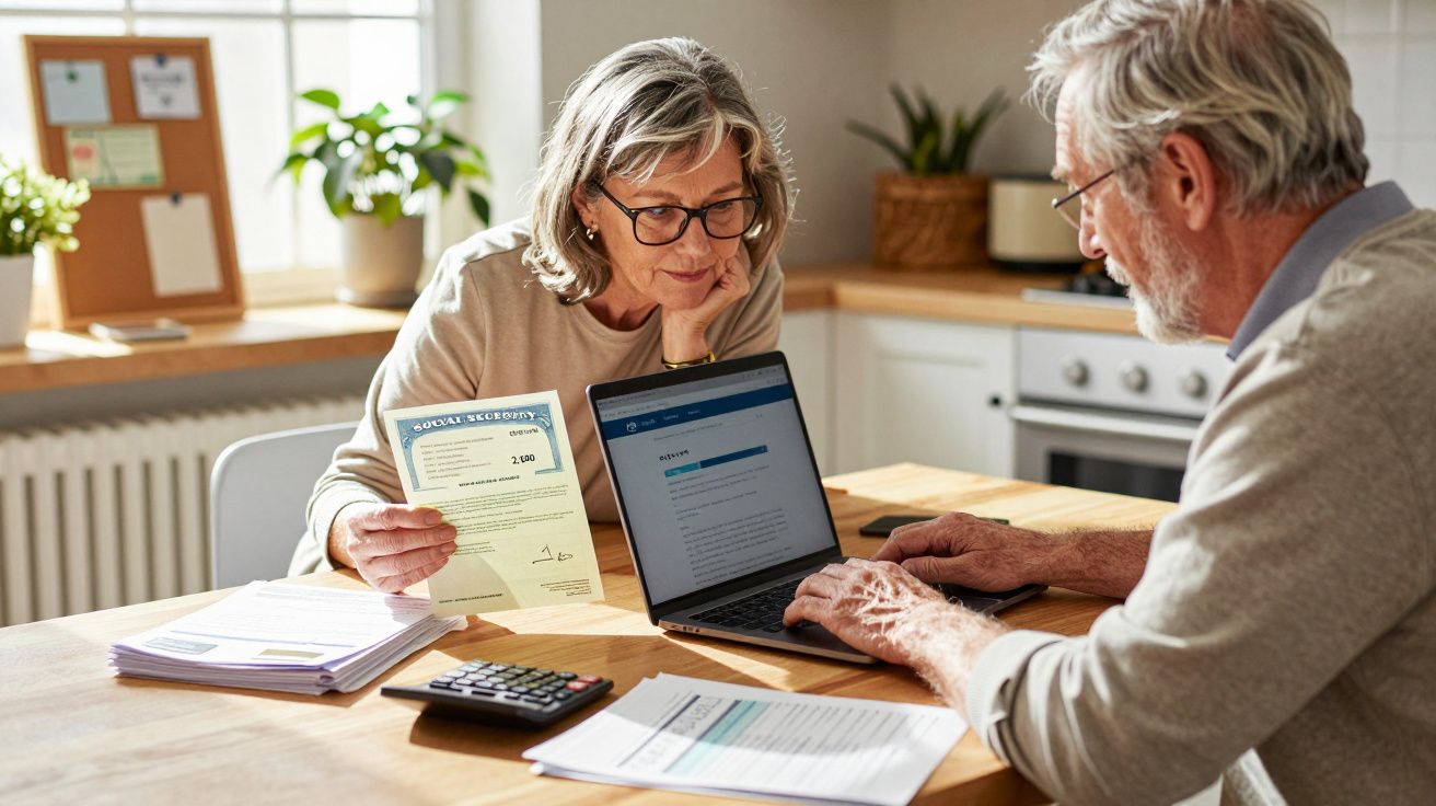 Casal sénior a analisar extratos bancários e a usar portátil numa cozinha iluminada e organizada.
