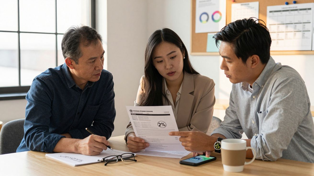 Três pessoas numa reunião de trabalho analisam documentos e discutem ideias numa sala iluminada.