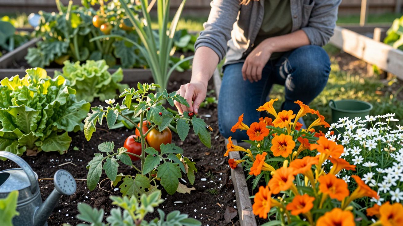 Pessoa a cuidar de tomateiras num jardim com flores laranja e outras plantas hortícolas ao redor.