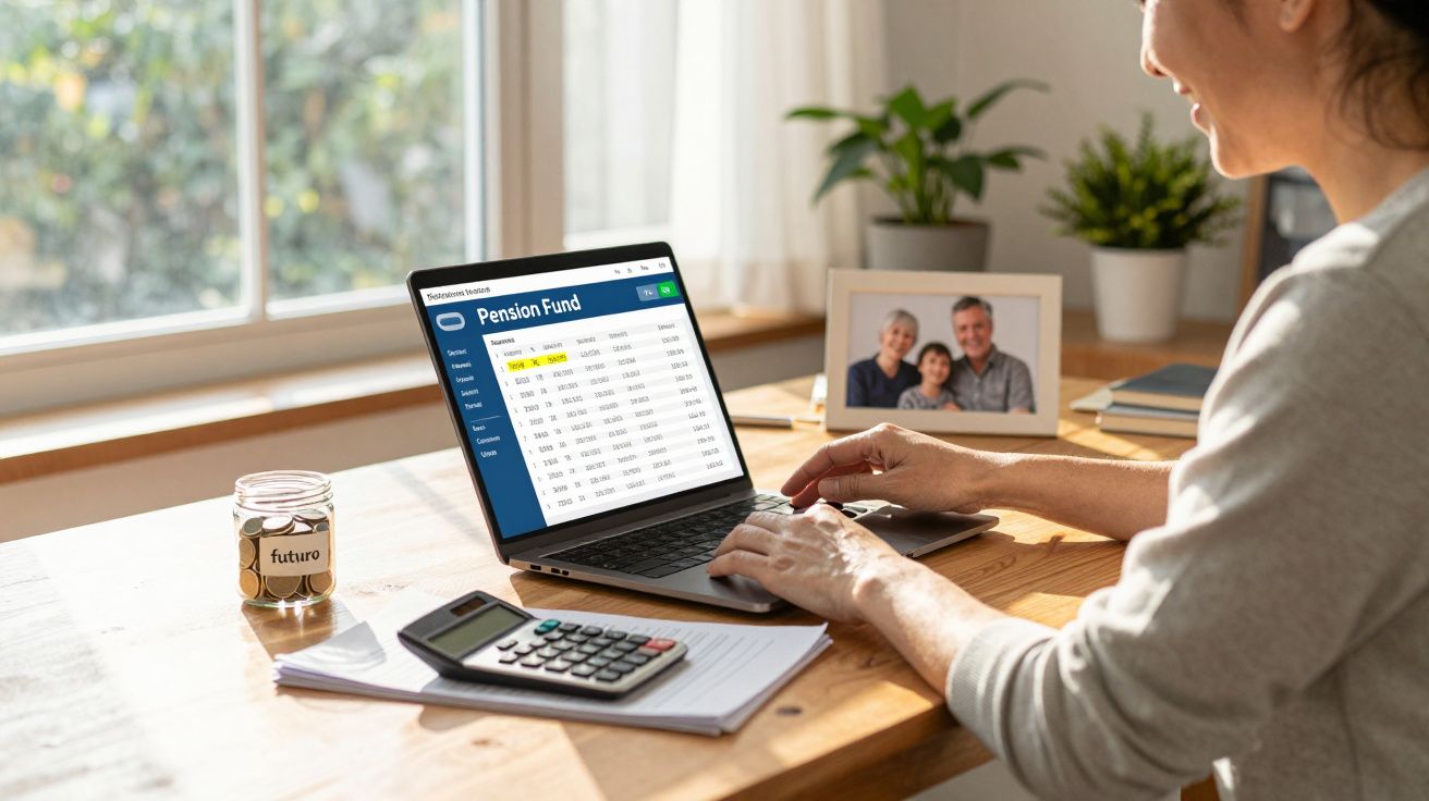 Pessoa a consultar fundo de pensão no computador, com jarro de moeda, calculadora e foto de família na secretária.