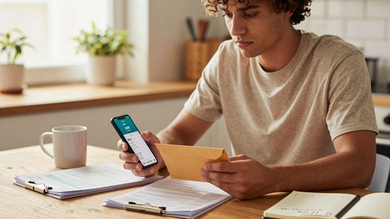 Jovem sentado a analisar documentos e a consultar a conta bancária no telemóvel numa cozinha iluminada.
