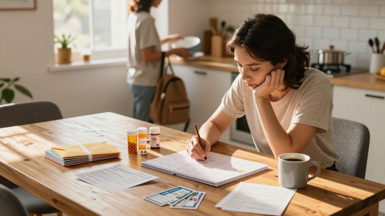 Mulher sentada à mesa a escrever num calendário, com medicamentos, papéis e café à sua frente.