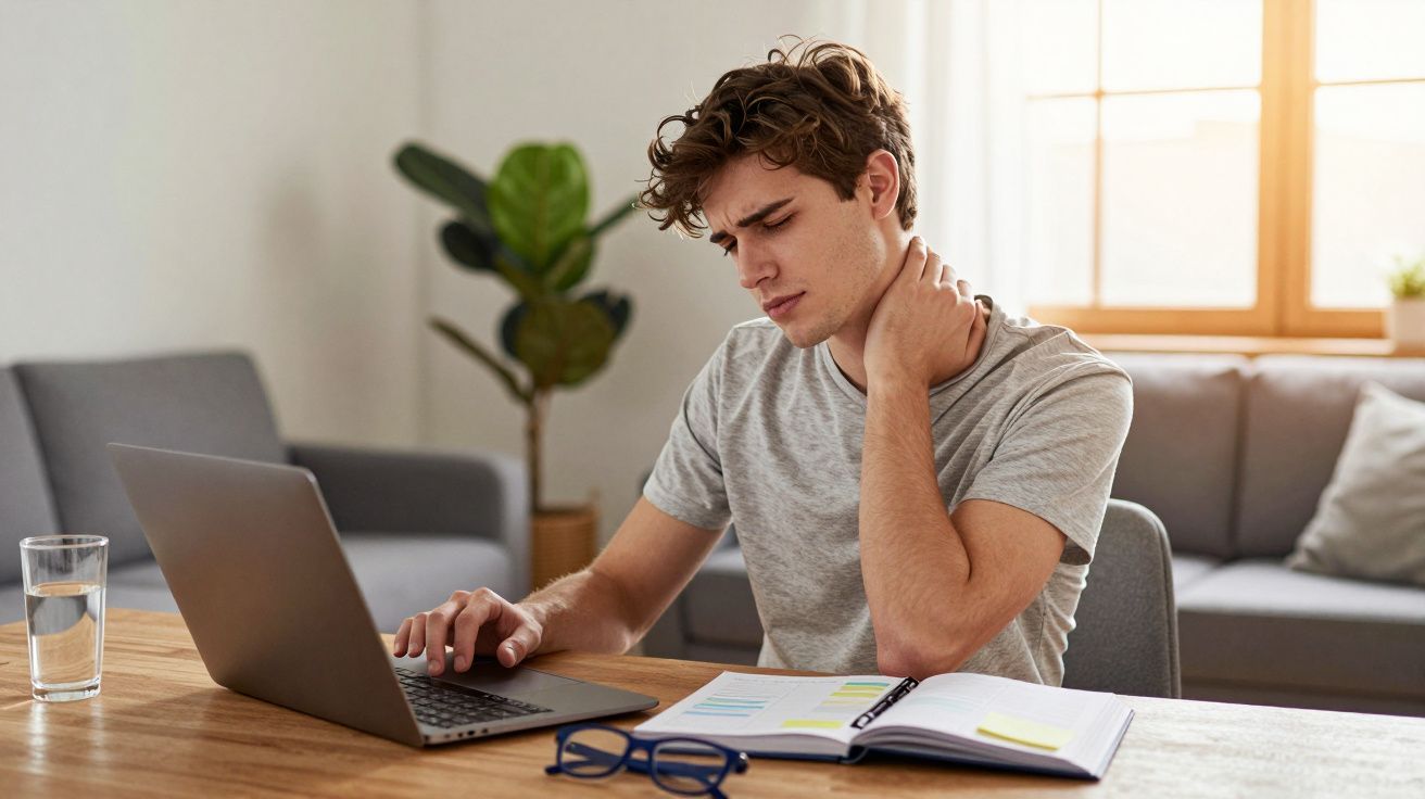 Jovem sentado a trabalhar no computador, com expressão de desconforto enquanto segura o pescoço.
