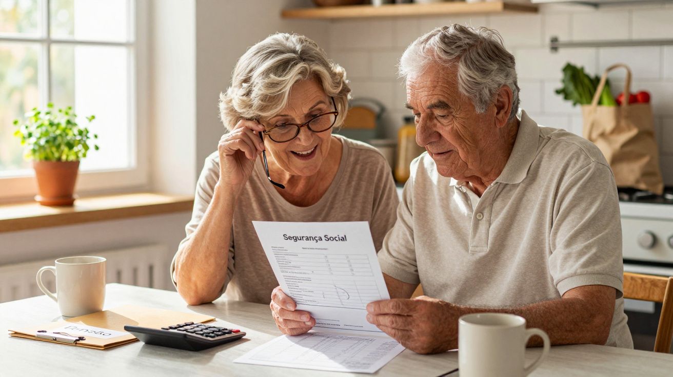 Casal sénior a analisar documentos de Segurança Social sentado à mesa na cozinha iluminada.
