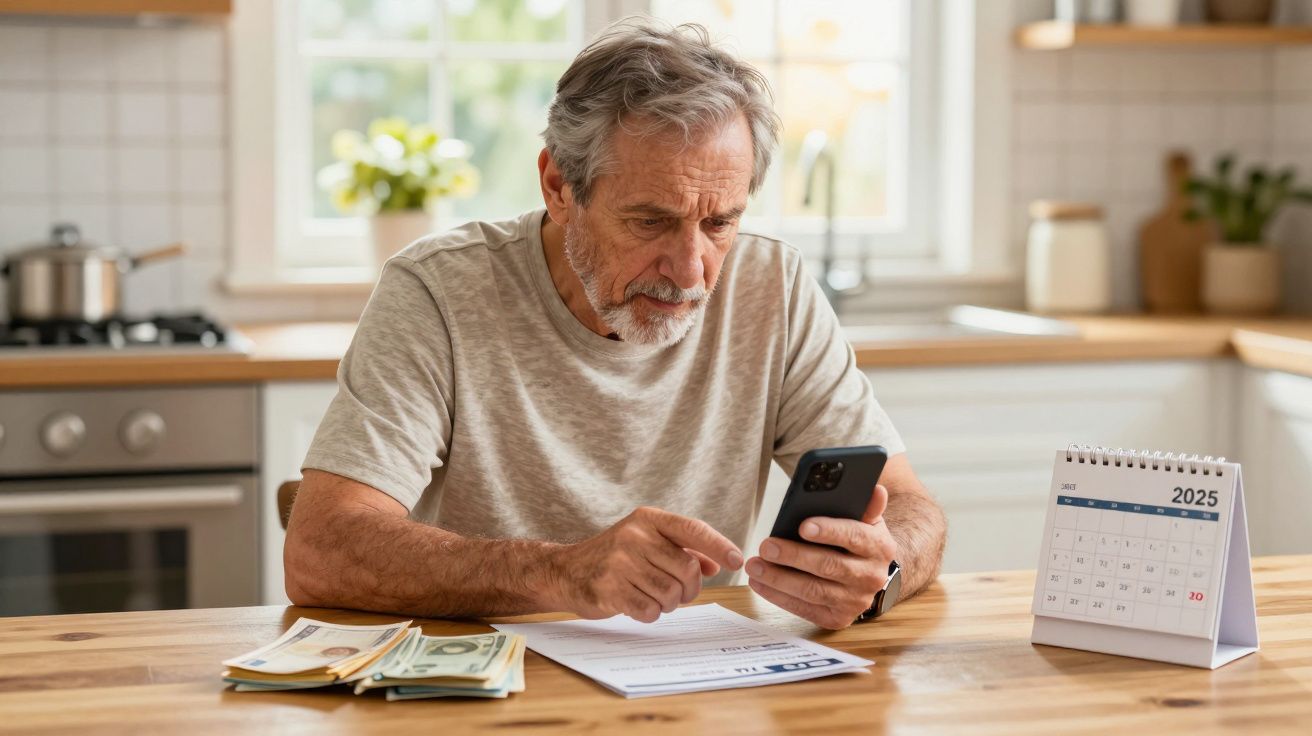 Homem idoso sentado à mesa com calendários, dinheiro e documentos a consultar telefone móvel na cozinha.