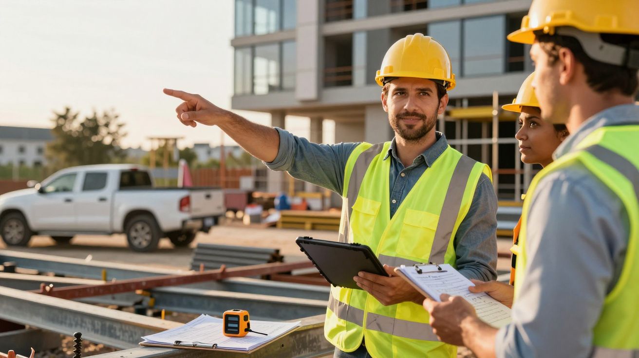 Três trabalhadores de construção civil de colete e capacete discutem projeto num estaleiro ao ar livre.