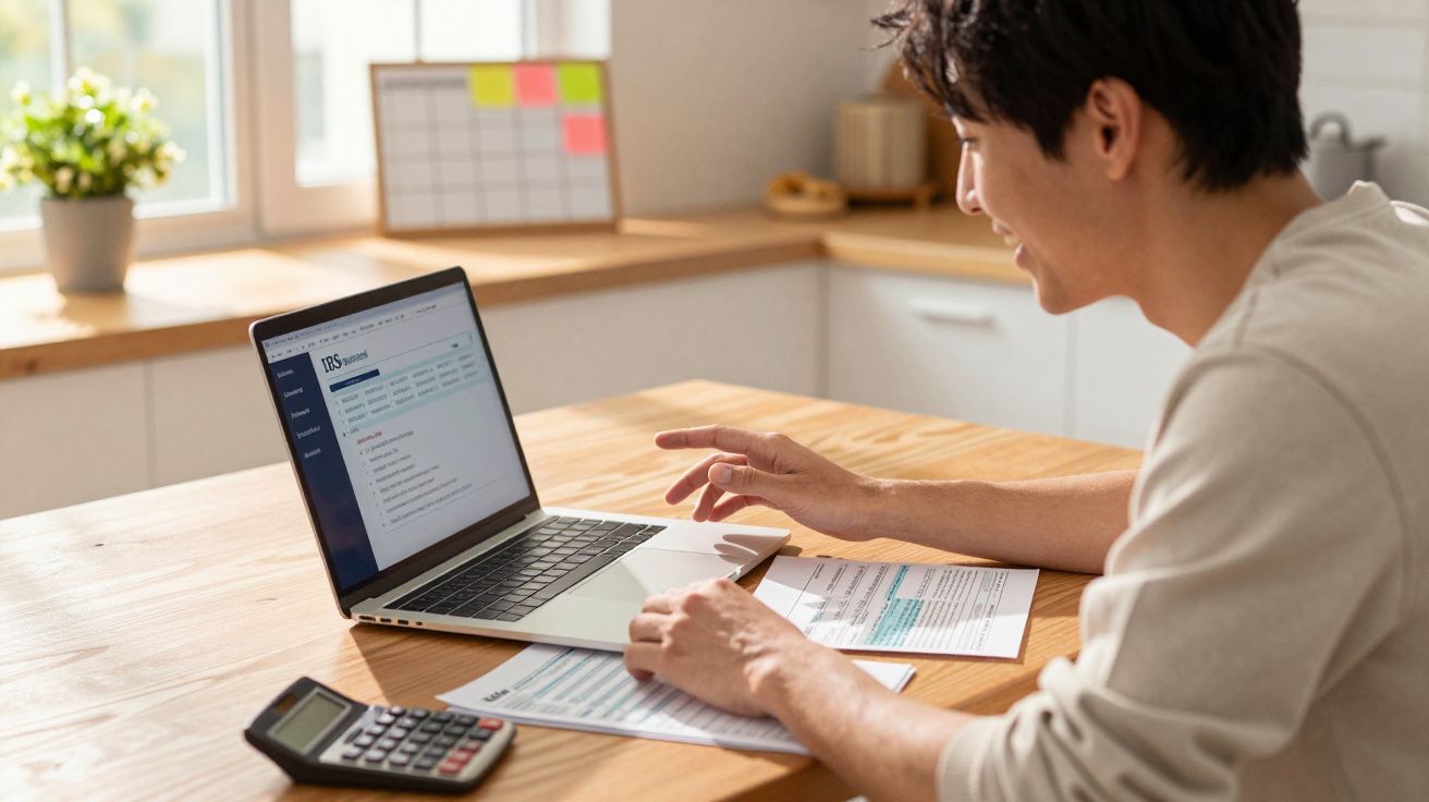 Pessoa a preencher formulário de impostos num portátil, com calculadora e documentos numa mesa de madeira.