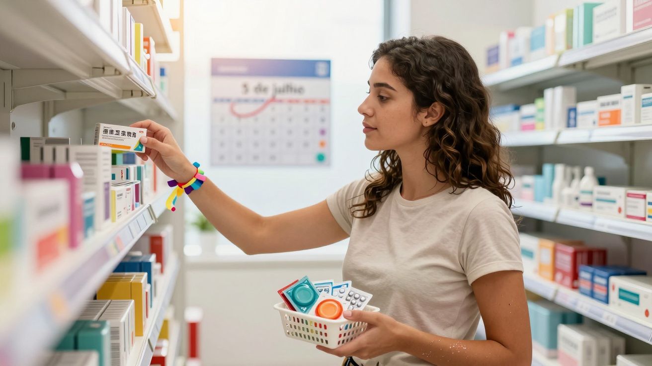 Mulher a apanhar medicamentos numa prateleira de farmácia, segurando uma cesta com produtos.