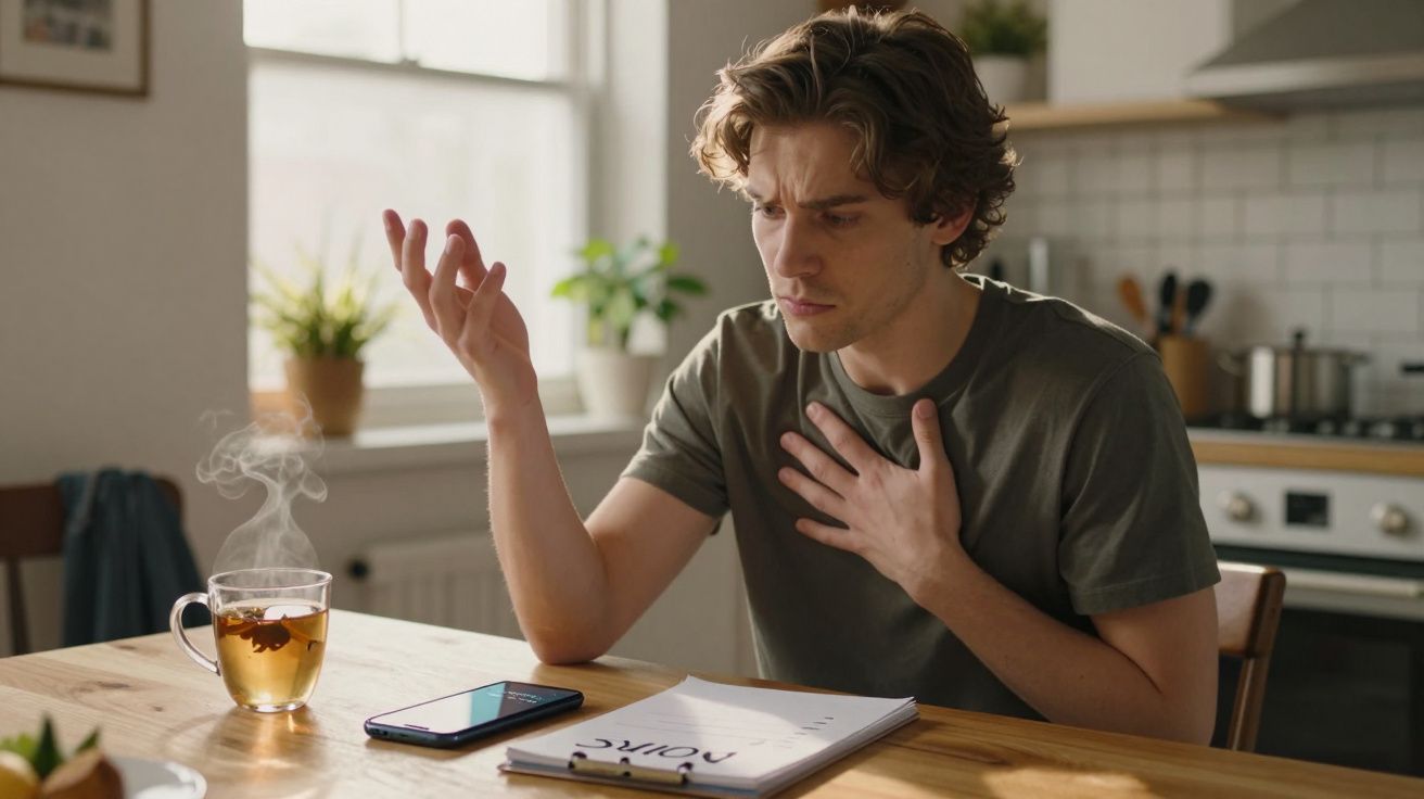 Homem jovem preocupado lê documentos na cozinha com chá quente e telemóvel ao lado.