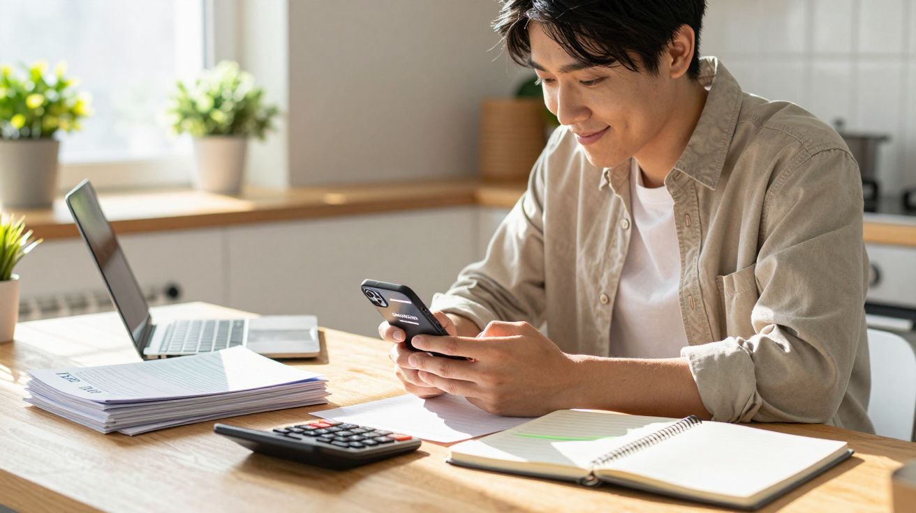 Jovem a sorrir enquanto usa o telemóvel numa mesa com laptop, calculadora e cadernos numa sala iluminada.