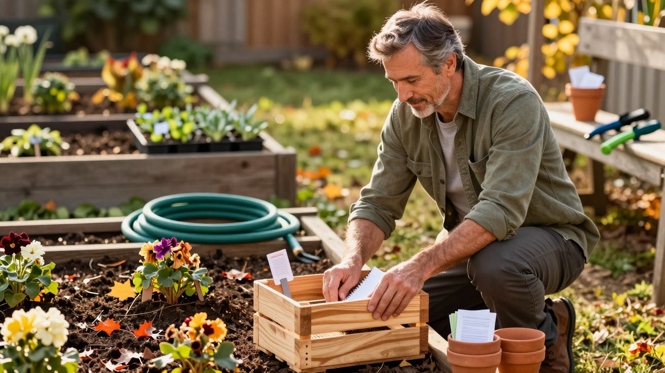 Homem a organizar etiquetas num caixote de madeira numa horta com flores e vasos no jardim.