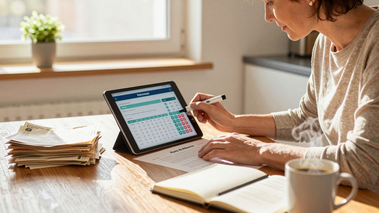 Mulher a usar tablet e caneta digital a preencher documentos numa mesa com papéis e chávena de café.
