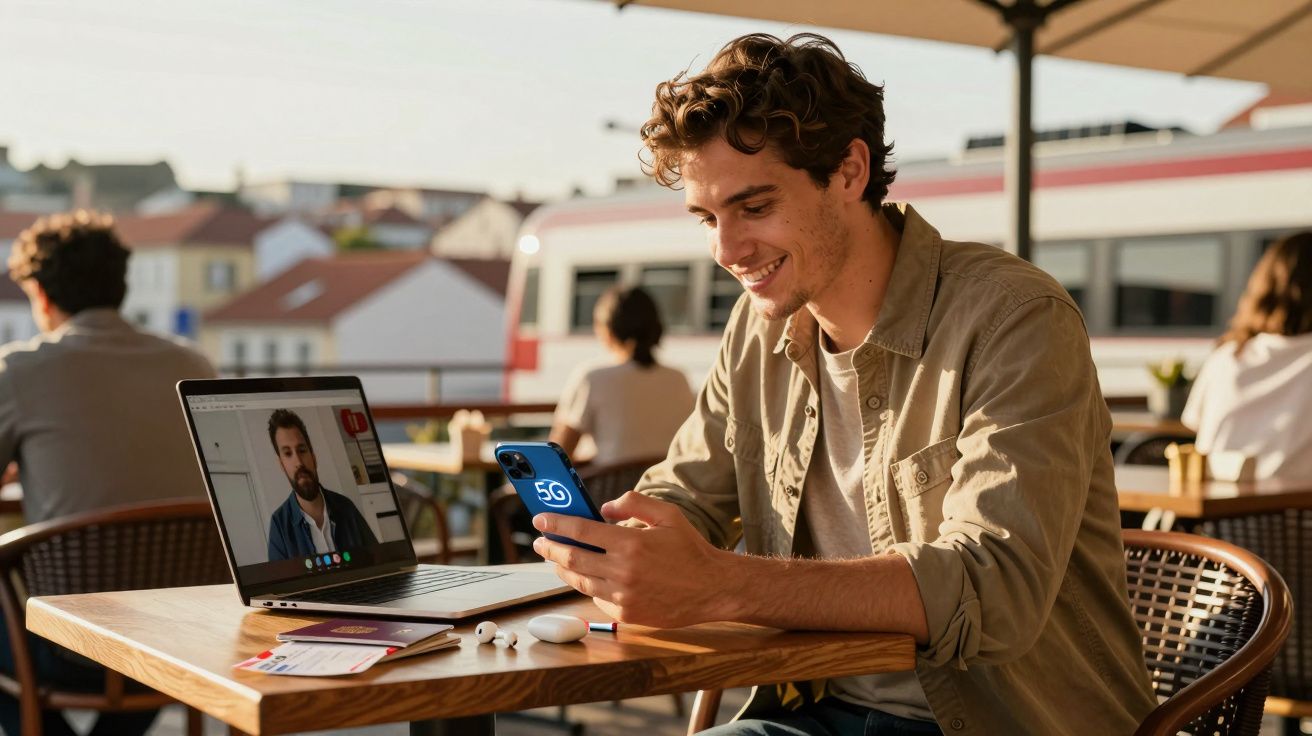 Homem sorridente usa smartphone com símbolo 5G enquanto faz videoconferência num café ao ar livre.
