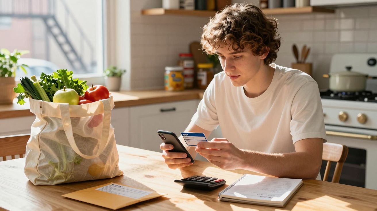 Jovem sentado à mesa da cozinha a usar telemóvel e cartão enquanto consulta caderno com compras feitas.
