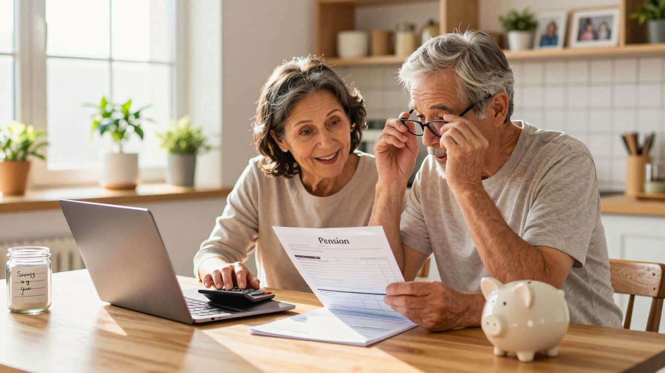 Casal sénior sentado à mesa a analisar documentos financeiros com portátil, calculadora e mealheiro à frente.