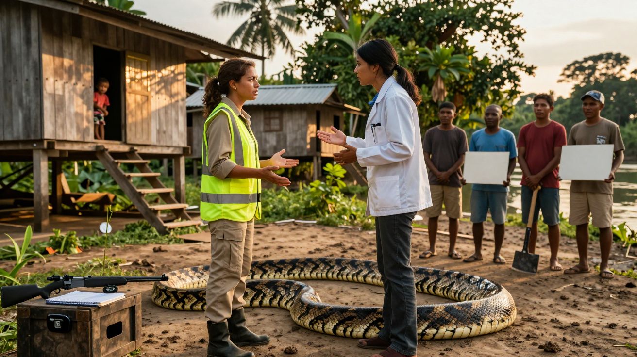 Duas mulheres conversam junto a uma grande píton no chão, com quatro homens a observar e casas de madeira ao fundo.