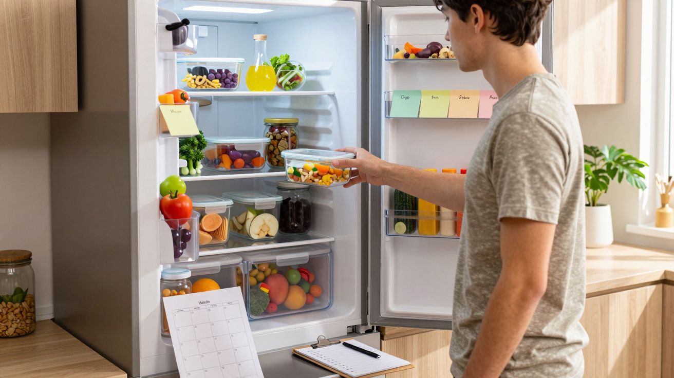 Homem a apanhar recipiente com legumes do frigorífico aberto numa cozinha moderna bem iluminada.