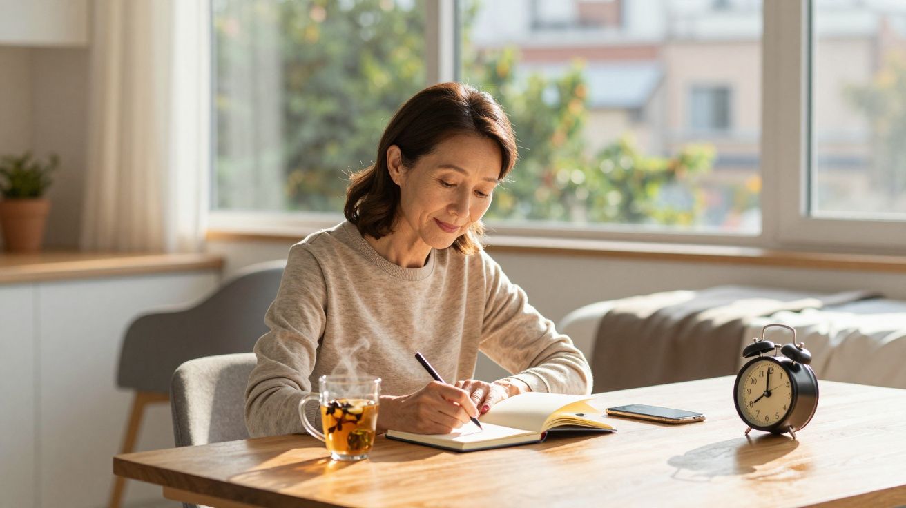 Mulher sentada a escrever num caderno à mesa com chá e despertador, junto a uma janela luminosa.