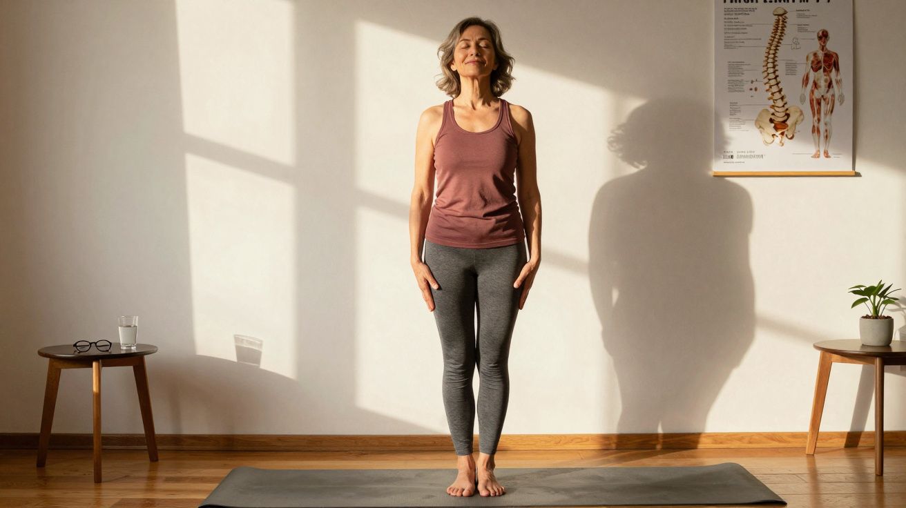Mulher faz exercício de yoga em posição de pé, olhos fechados, em sala iluminada por luz natural.