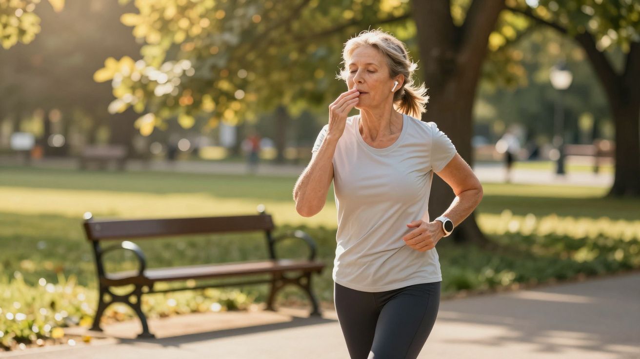 Mulher madura a correr num parque ensolarado, usa auriculares e smartwatch, com olhos fechados e expressão serena.