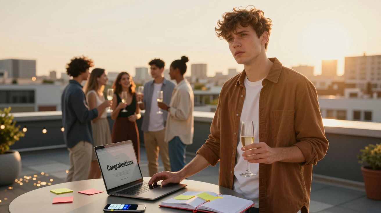Jovem com copo na mão em festa no terraço, com grupo de pessoas a conversar ao fundo ao pôr do sol.