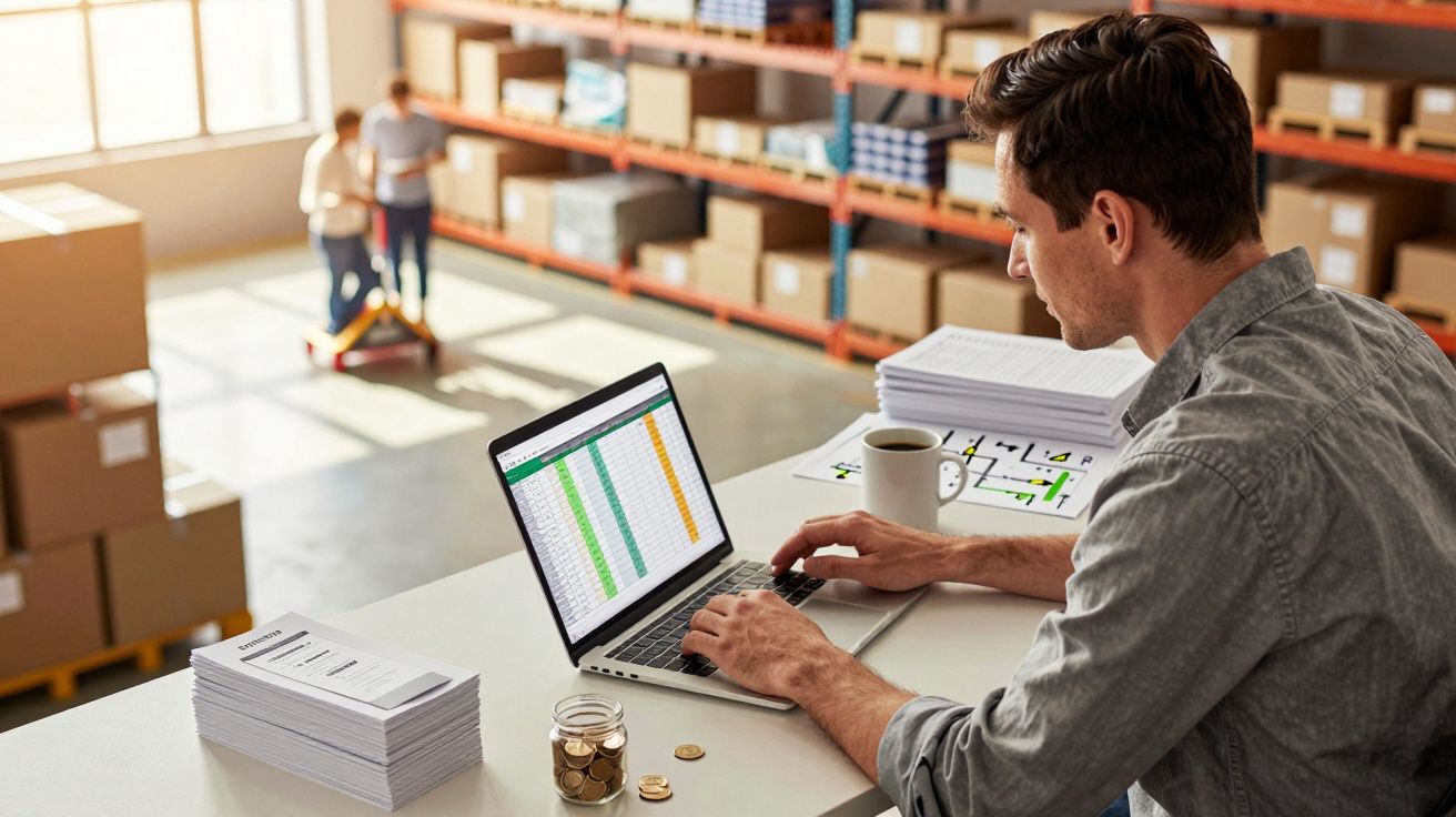 Homem a trabalhar num portátil com folhas, moedas e caixa de café numa mesa de armazém com prateleiras e encomendas.