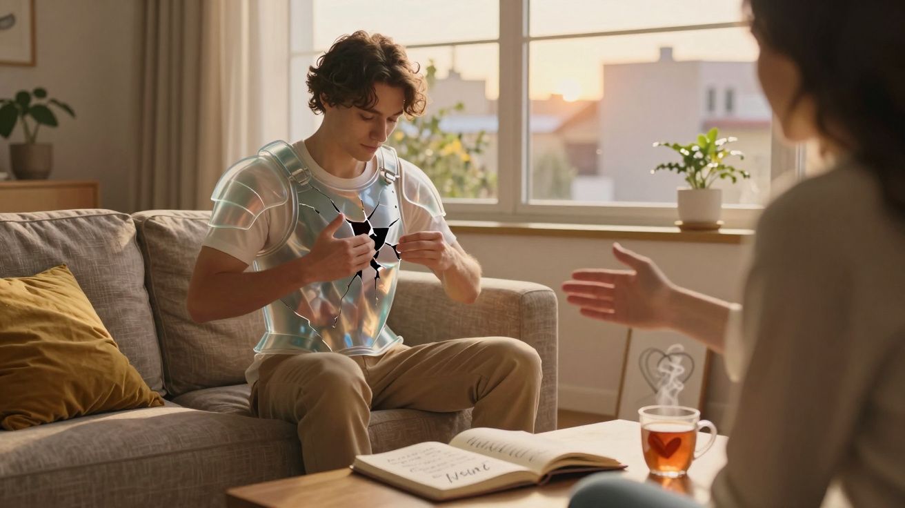 Jovem sentado no sofá com colete à prova de balas partido, enquanto conversa com outra pessoa.