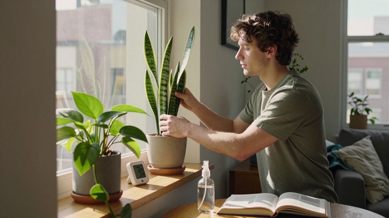 Homem arruma planta numa janela enquanto estuda com livro aberto e frasco de álcool em gel na mesa.