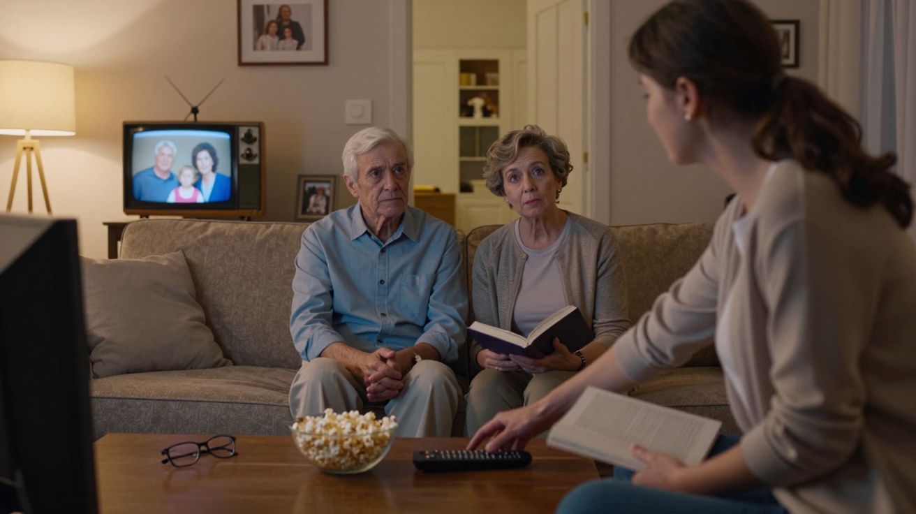 Três pessoas em sala de estar, um homem e uma mulher idosos no sofá, uma mulher mais jovem sentada com livro na mão.