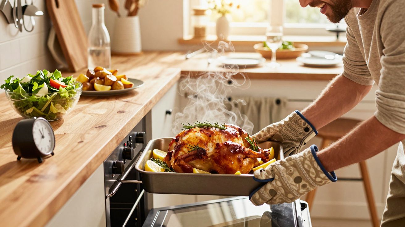 Homem a retirar frango assado fumegante do forno numa cozinha luminosa e acolhedora.