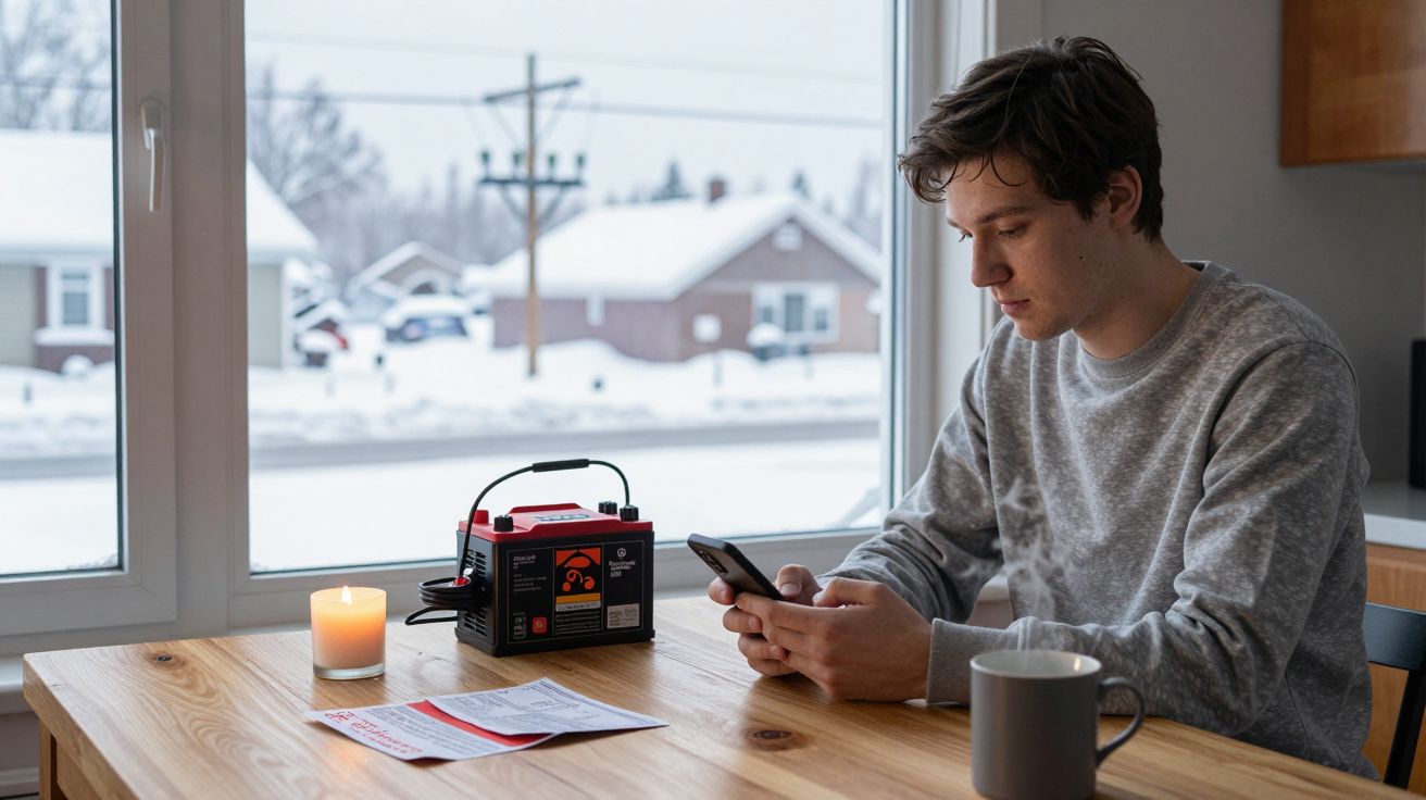Homem sentado numa mesa com um rádio, vela e uma chávena, olhando para o telemóvel junto a uma janela com neve lá fora.