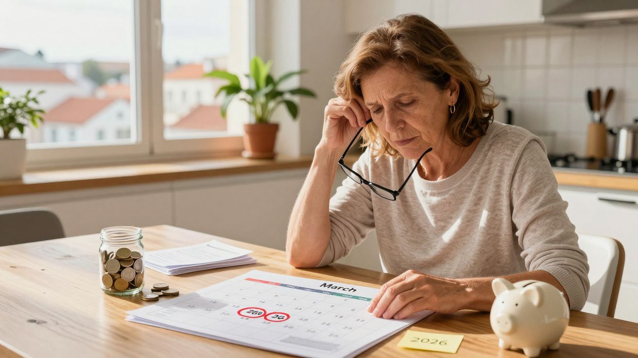 Mulher preocupada a analisar calendário com datas marcadas e cofrinho na mesa numa cozinha iluminada.