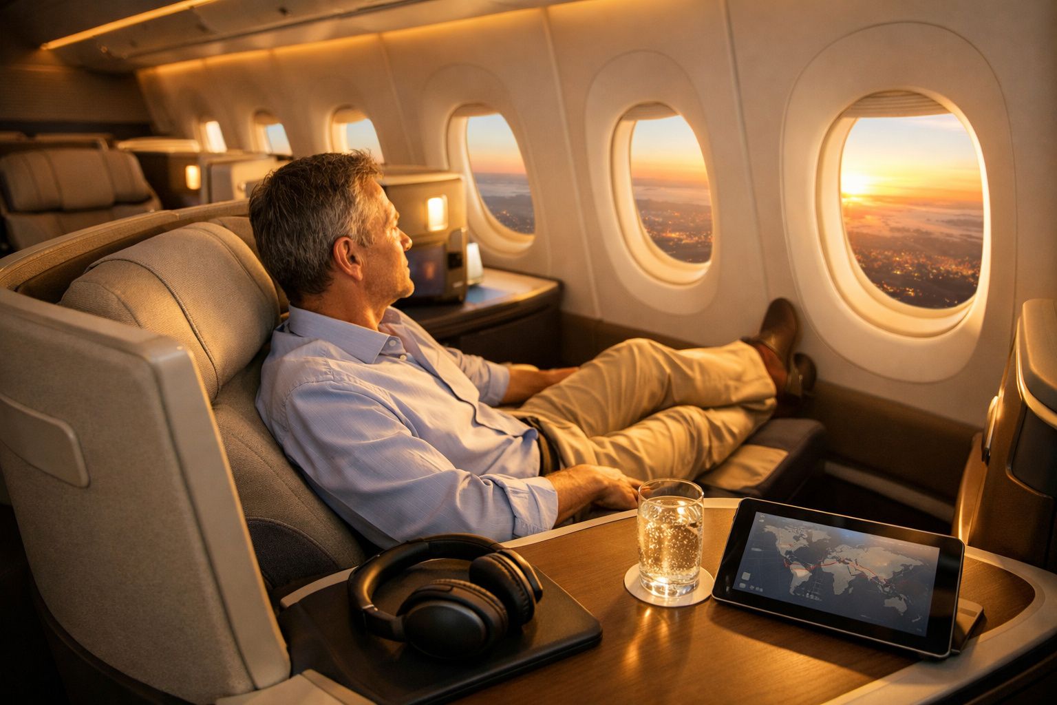 Homem relaxa numa poltrona de avião em primeira classe com fones e tablet ao lado, ao pôr do sol.