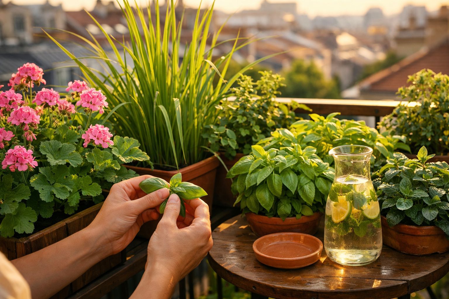 Mãos a apanhar folhas de manjericão numa varanda com várias plantas e jarro com água e limão.