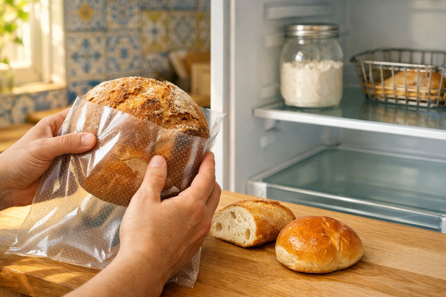Mãos a colocar pão rústico dentro de saco plástico transparente numa cozinha com outros pães à mesa.