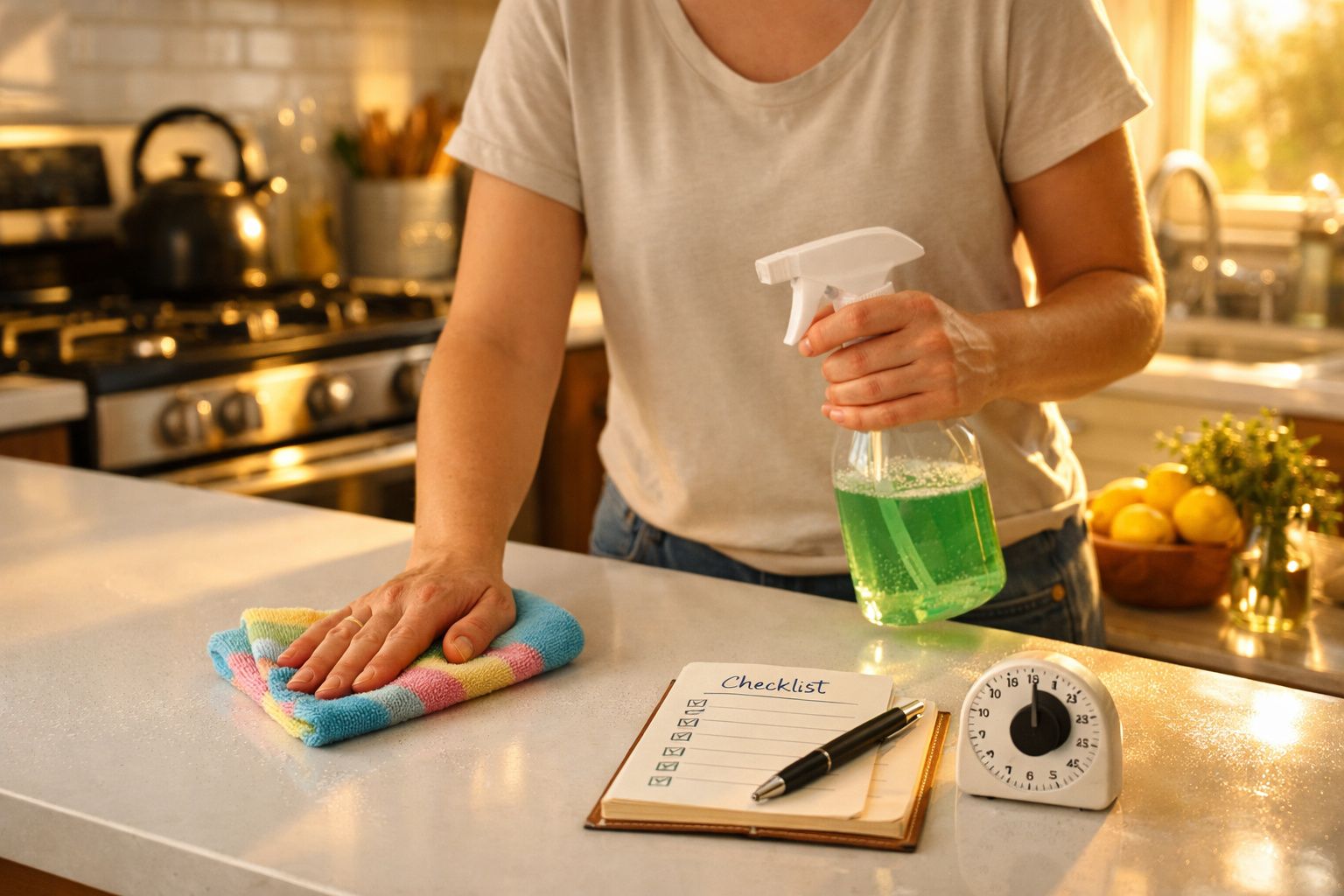 Pessoa a limpar bancada de cozinha com spray verde e pano, ao lado de checklist e cronómetro branco.