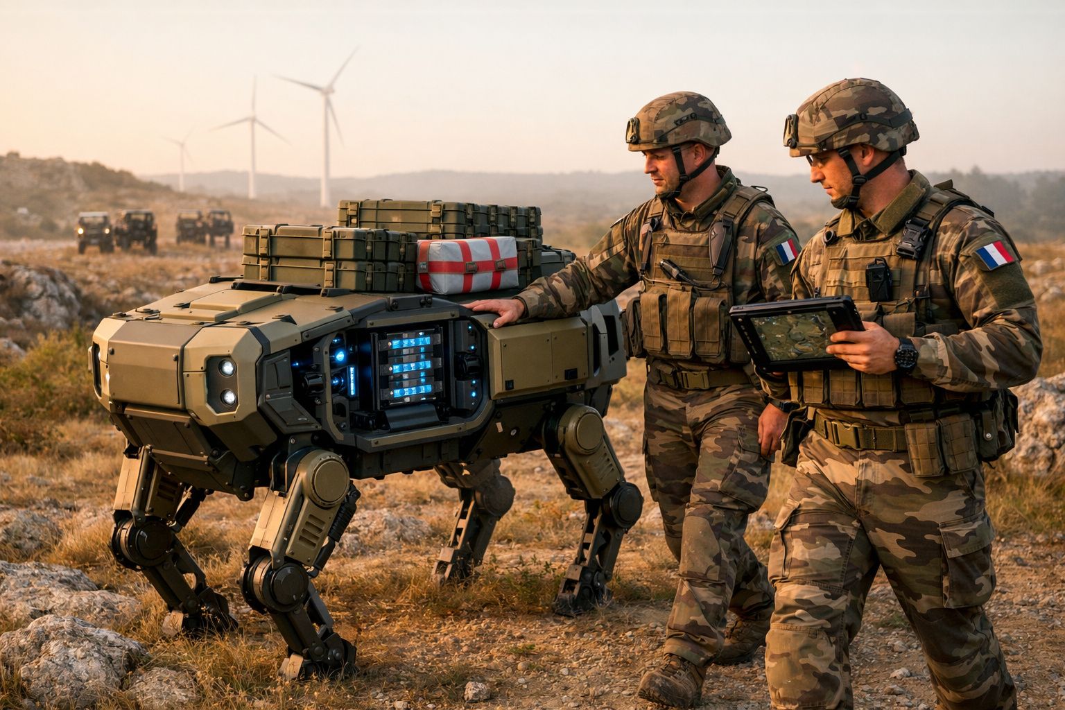 Dois soldados com uniformes camuflados interagem com um robô quadrúpede militar em terreno rochoso ao pôr do sol.