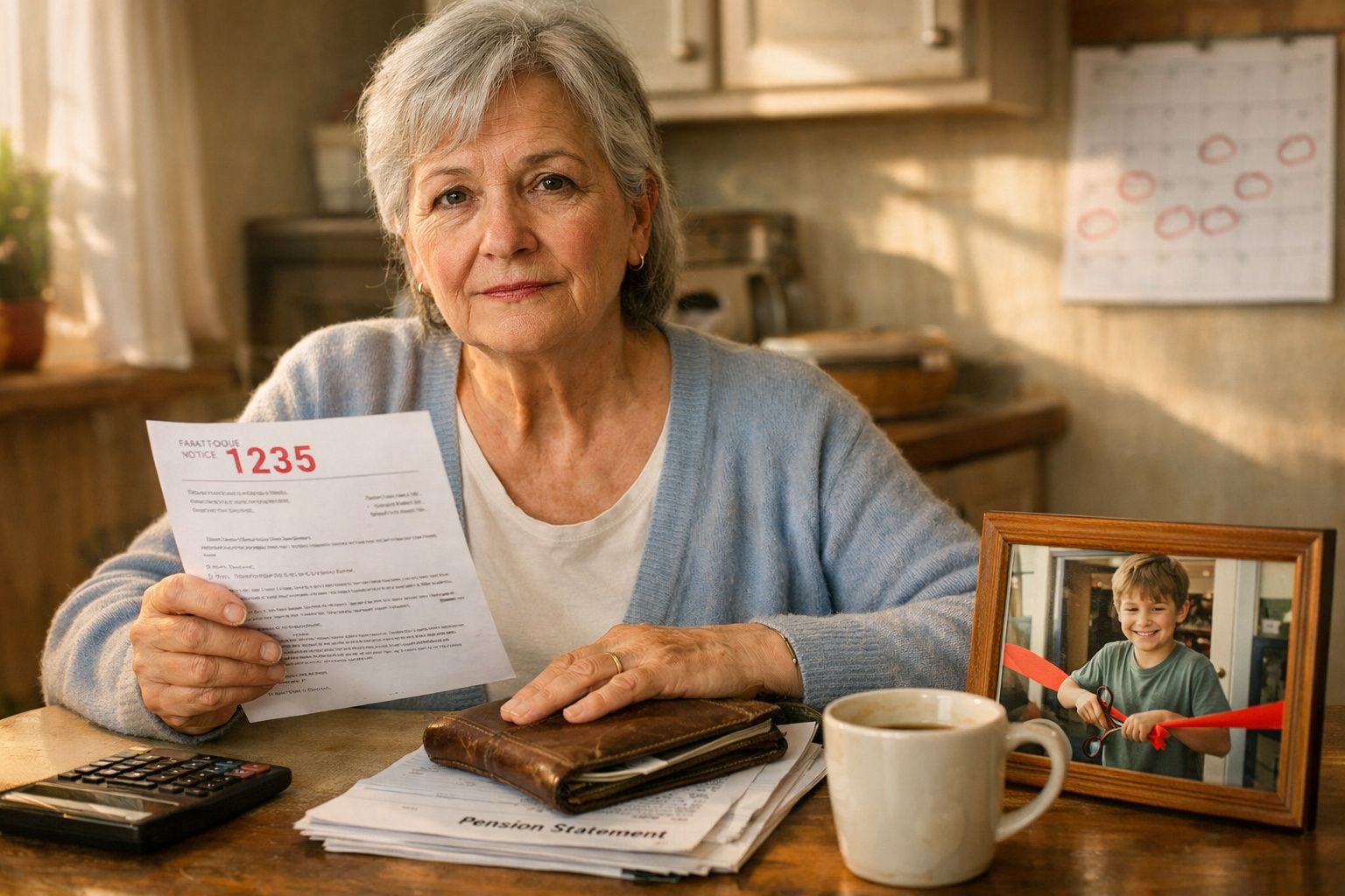 Mulher idosa sentada à mesa com conta na mão, rodeada de documentos, foto de criança e caneca de café.