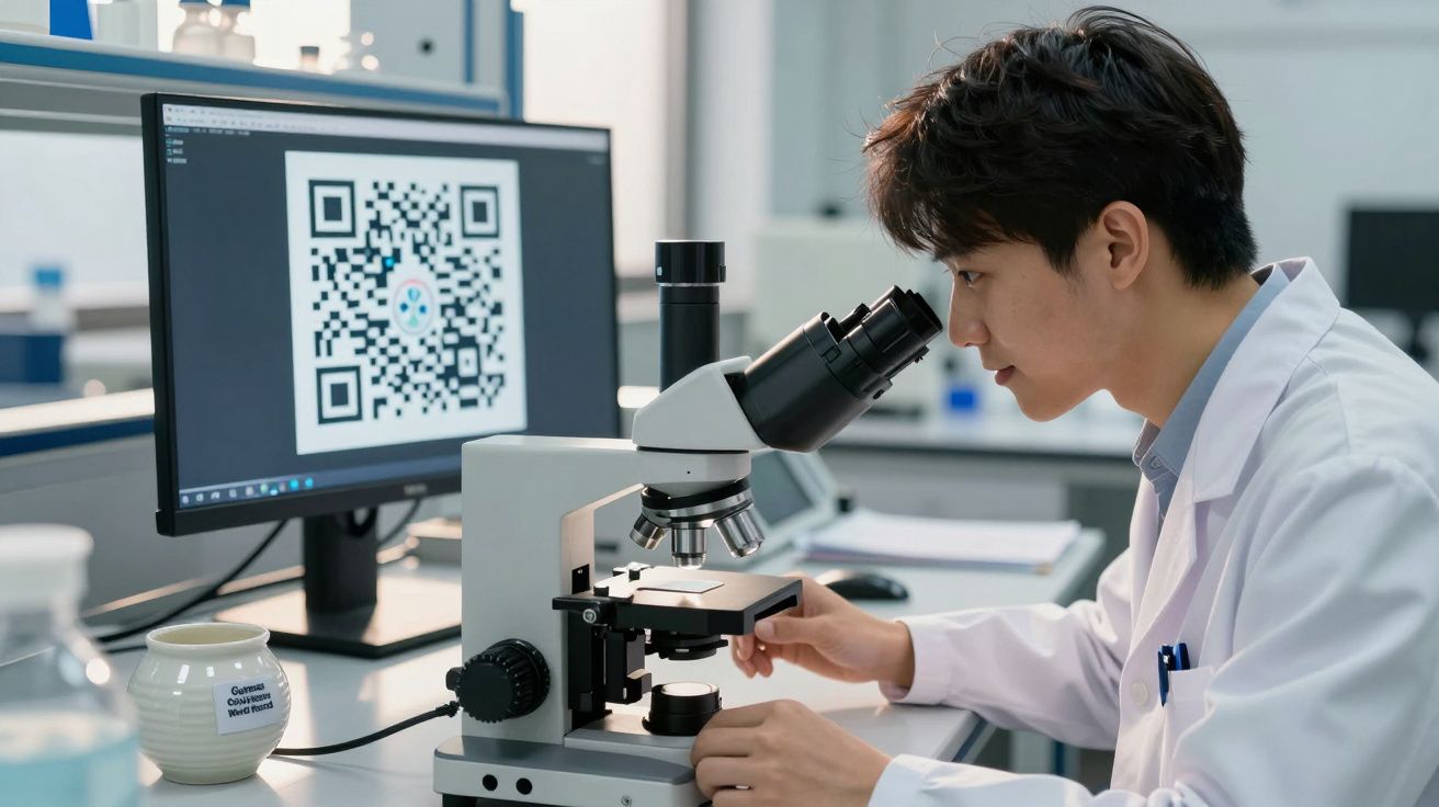 Cientista em laboratório observa amostra ao microscópio com ecrã de computador mostrando código QR ao fundo.