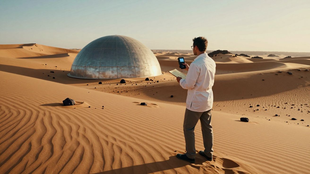Homem com bata branca analisa dispositivos junto a cúpula metálica num deserto arenoso ao pôr do sol.