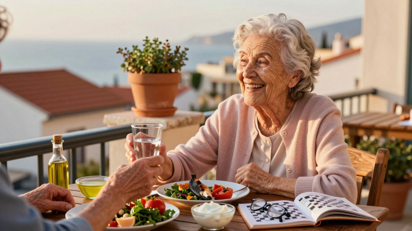 Idosa sorridente brindando com copo de água durante refeição ao ar livre numa varanda com vista para o mar.